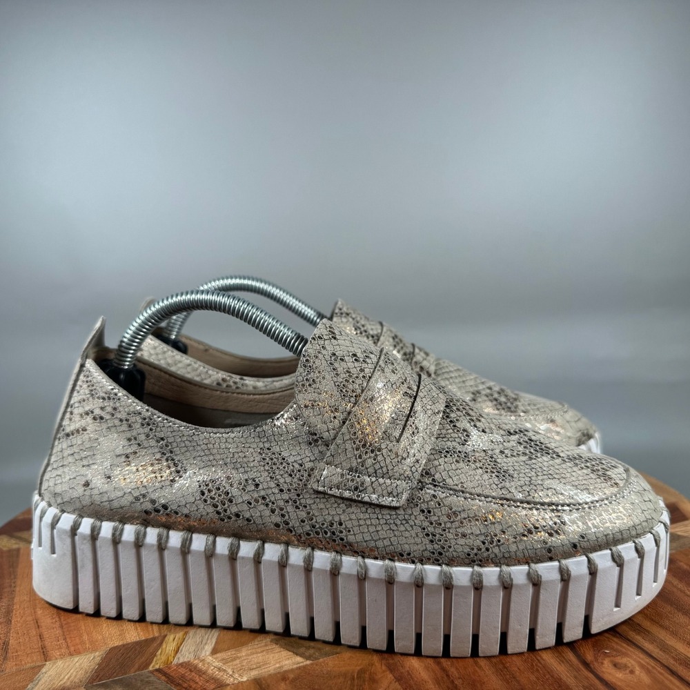 Ilse Jacobsen Tulip 3577 Metallic Snakeskin Platform Loafers Gold Beige 37
